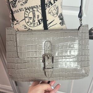 L’intervalle Gray Crocodile-Embossed Leather Shoulder Bag